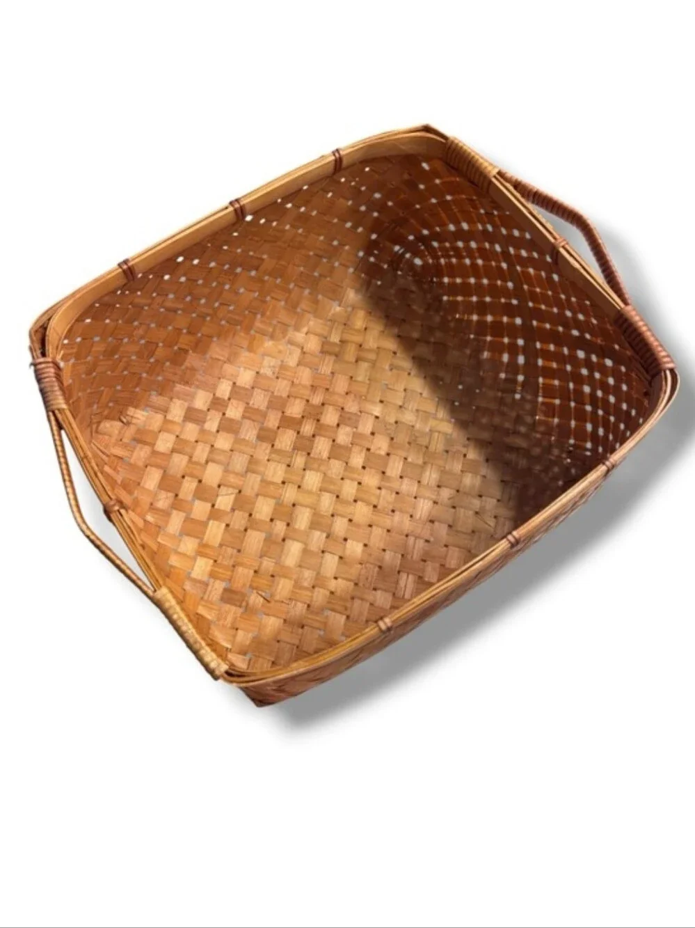 VINTAGE Handwoven Rectangular Brown Bamboo Basket Small Handles
